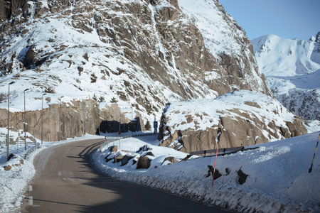 winter road at the norwegian mountains.  Lofoten Islands. Norway.