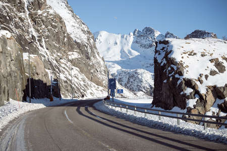 winter road at the norwegian mountains.  Lofoten Islands. Norway.の写真素材
