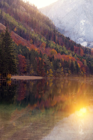 landscape with a beautiful mountain lake with reflection. autumn