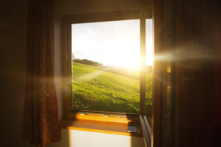 morning in the mountains. beautiful view from the window at dawn in the mountains