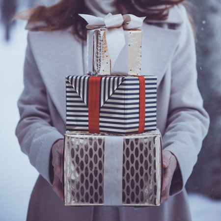 girl holding christmas presents in hands -  happy New Years