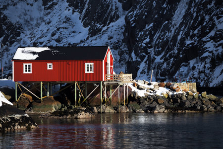 landscape - traditional norwegian wooden house rorbu to stand on the shore of the fjord and...