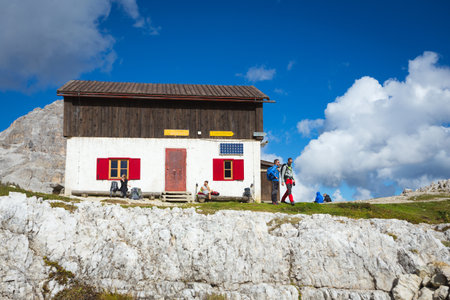 TRE CIME DI LAVAREDO, ITALY  - SEPTEMBER 21, 2016: view of the rifugio high at the Dolomites mountains.  Tre Cime di Lavaredo, Italy.のeditorial素材