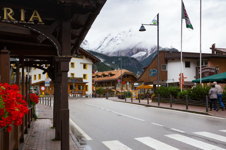 CANAZEI, ITALY  - SEPTEMBER 17, 2016: view of the central streets of the ski resort in the canazei. VENICE, ITALY, september 16, 2017のeditorial素材