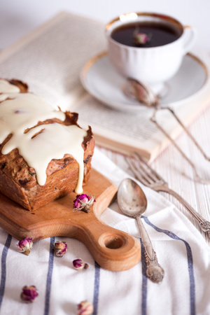 Healthy eating. Banana bread and a cup tea. vintage style