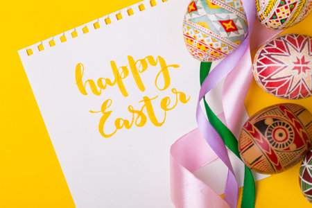 happy easter card. beautiful Easter egg Pysanka handmade - ukrainian traditional