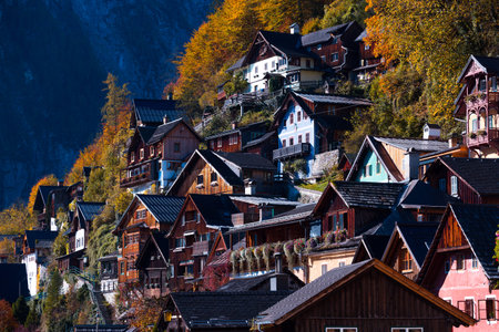 View of beautiful view of the on wooden houses at the small famous city Hallstatt - old town, Austriaのeditorial素材