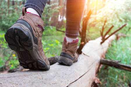 hiking boots close-up. girl tourist steps on a log. active lifestyle
の写真素材
