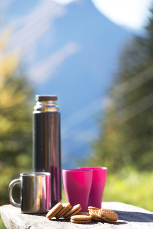 happy trip -  flask, cups and cookies on the background of mountains