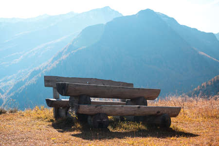 The Grossglockner High Alpine Road, Brennkogel. place for rest - table and benches. High Tauern National Parkの写真素材