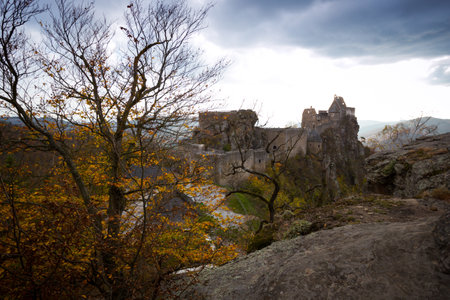 AGGSTEIN/ AUSTRIA OCTOBER 25, 2019: autumn evening view of Aggstein castle ruins and the famous Wachau Valley, Austriaのeditorial素材