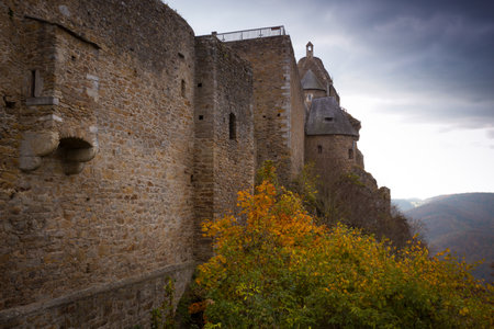 AGGSTEIN/ AUSTRIA OCTOBER 25, 2019: autumn evening view of Aggstein castle ruins and the famous Wachau Valley, Austriaのeditorial素材