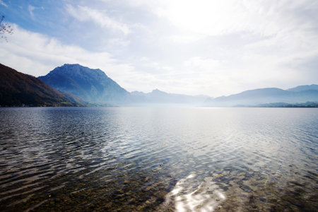 landscape with a beautiful mountain lake. Traunsee, austria.