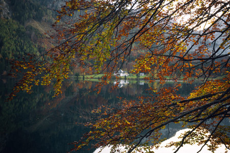 landscape with a beautiful mountain lake with reflection. autumn