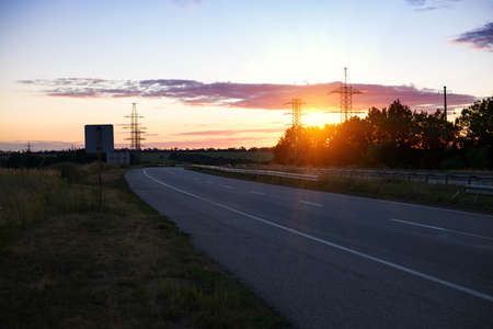 beautiful evening landscape. Autobahn in sunset lightの写真素材