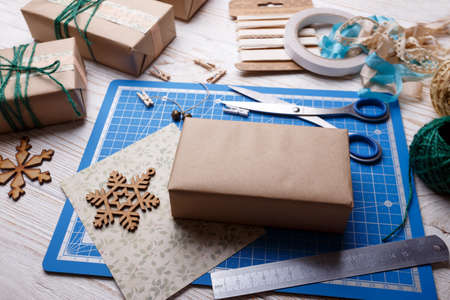 scrapbook background. christmas - girl packs giftの写真素材