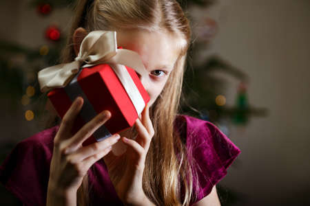 girl holding christmas presents in hands -  happy New Yearの写真素材