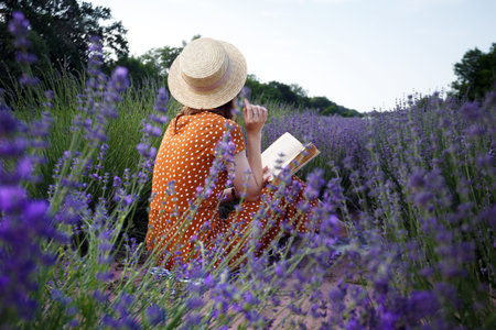 Provence - girl reading a book in a lavender field and basket with lavender in the foreground