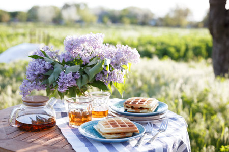 breakfast in the garden - Belgian waffles and cup with teaの写真素材