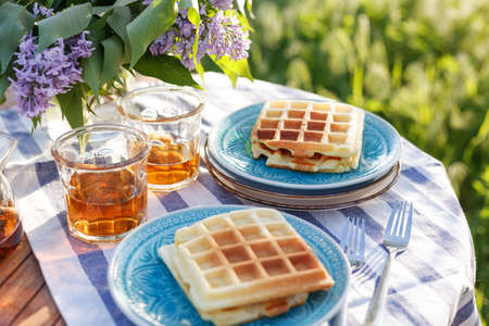breakfast in the garden - Belgian waffles and cup with teaの写真素材