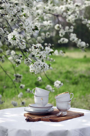 steel life - breakfast in the spring garden. table with white tablecloth served for tea drinkingの写真素材