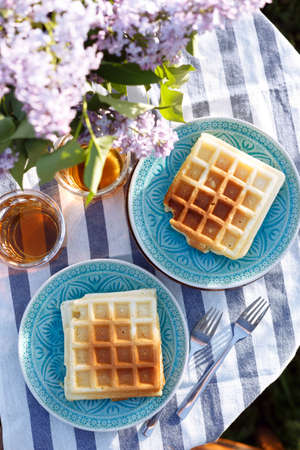 breakfast in the garden - Belgian waffles and cup with teaの写真素材