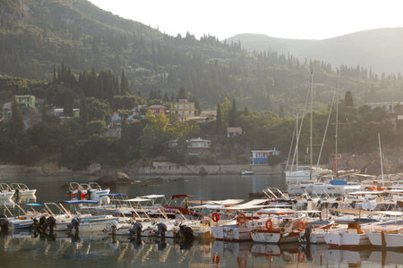 sailboat in the bay of Paleokastritsa at dawn.  Corfu Island in Greece