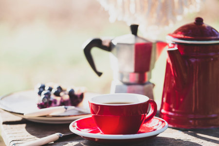 garden and tea party at the country style. still life - cup, teapot and pie on a background of sunset and macrameの写真素材