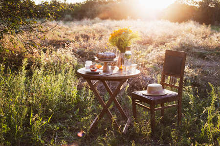 garden and still life. tea party in the garden -  peach pie, vase with bouquet of wildflowers on a tableの写真素材
