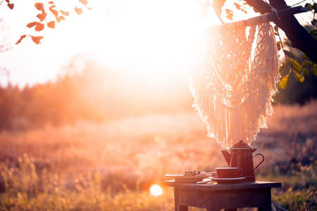 garden and tea party at the country style. still life - cup, teapot and pie on a background of...