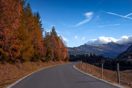 beautiful road in the sunlight in the mountains of austriaの写真素材