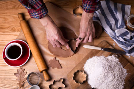 preparing for christmas. girl prepares gingerbread. hands in the frameの写真素材