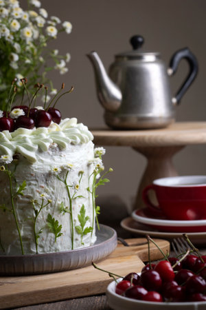 beautiful biscuit cake with sweet cherry decorated with natural flowersの写真素材