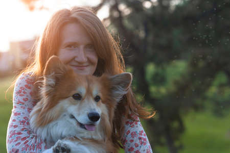 beautiful corgi dog and girl on the lawn in the parkの写真素材