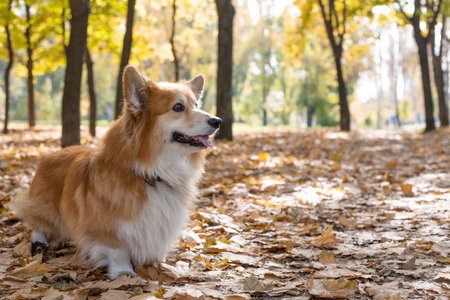 beautiful corgi fluffy posing on a sunny autumn day at the outdoor. autumnの写真素材