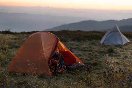 tourist tents on the background of a mountain landscape