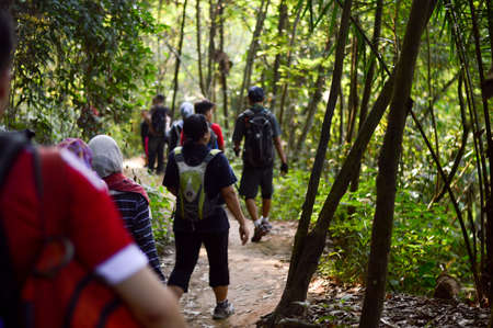 Broga Hill, Semenyih Negeri Sembilan, MALAYSIA - 22 August 2015. A bunch of people hiking and doing an outdoor Merdeka activity at Broga Hill, Semenyih Negeri Sembilan, Malaysia.のeditorial素材