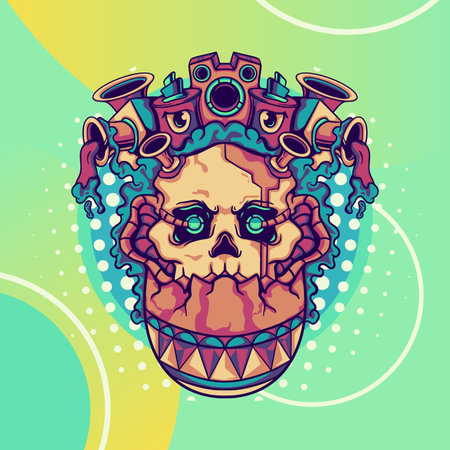 Skull with gears and cogs. Vector illustration in cartoon style.のイラスト素材