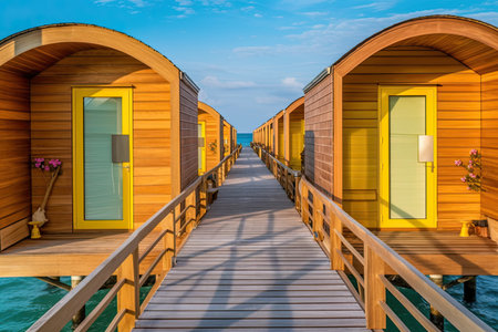 Colorful wooden cabins on tropical beach in summer, Maldivesの素材