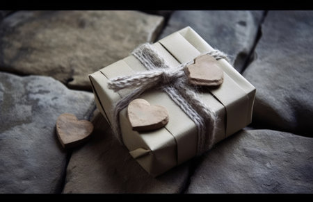 Gift box tied with a rope with hearts on a stone backgroundの素材