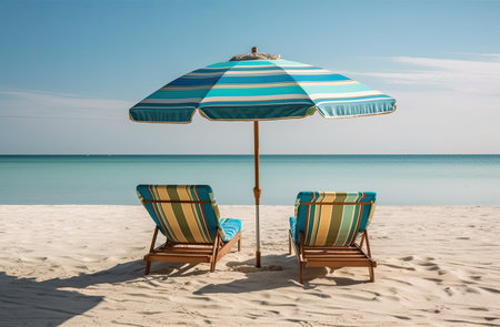 Umbrella and chair on the beach with blue sky background.の素材