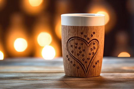 Wooden cup of coffee on a wooden table with bokeh lights backgroundの素材