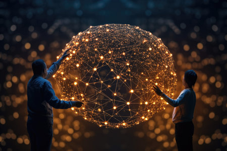 Man and woman standing with global network connection concept. 3D renderingの素材