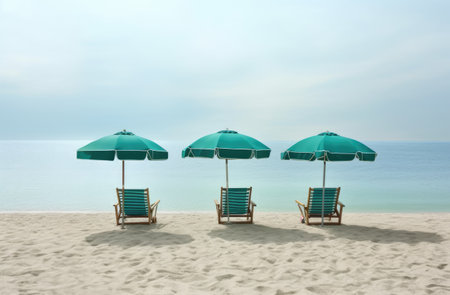 Beach chairs with umbrellas on the sand by the seaの素材