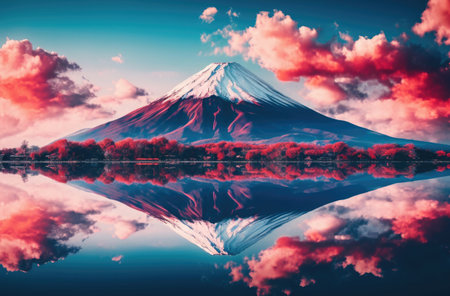 Nature's tranquility with mountains, lake, and stunning sunrise/sunset reflection.の素材
