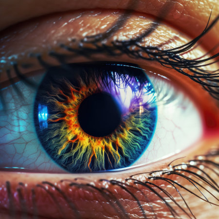 Captivating close-up of a blue iris eye, highlighting intricate details.の素材