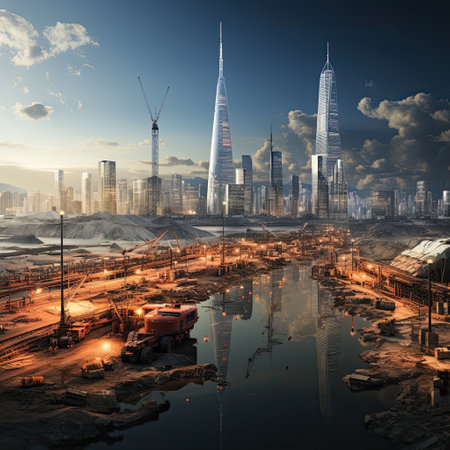 Captivating cityscape at dusk with skyline, reflection, and stunning sunset colors.の素材