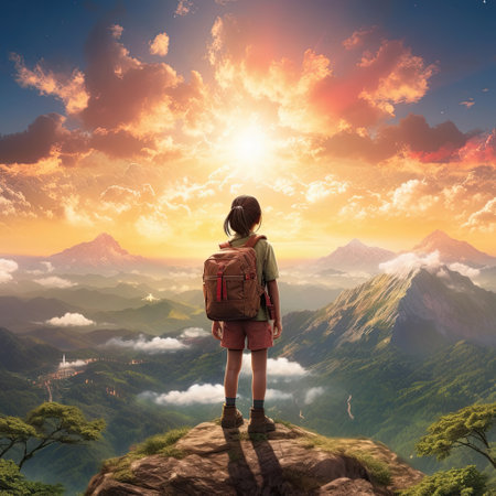 Adventure awaits as one person admires the majestic mountain range at sunset.の素材