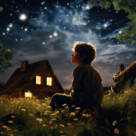 Solitary figure amidst city architecture at night, gazing at starry sky.の素材