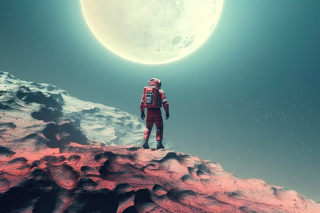 One person standing under a night sky full of stars.の素材